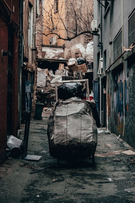 A large pile of mixed waste, including flattened cardboard boxes, plastic bags filled with trash, and discarded paper, is overflowing around multiple rubbish bins on a paved area next to a parking lot